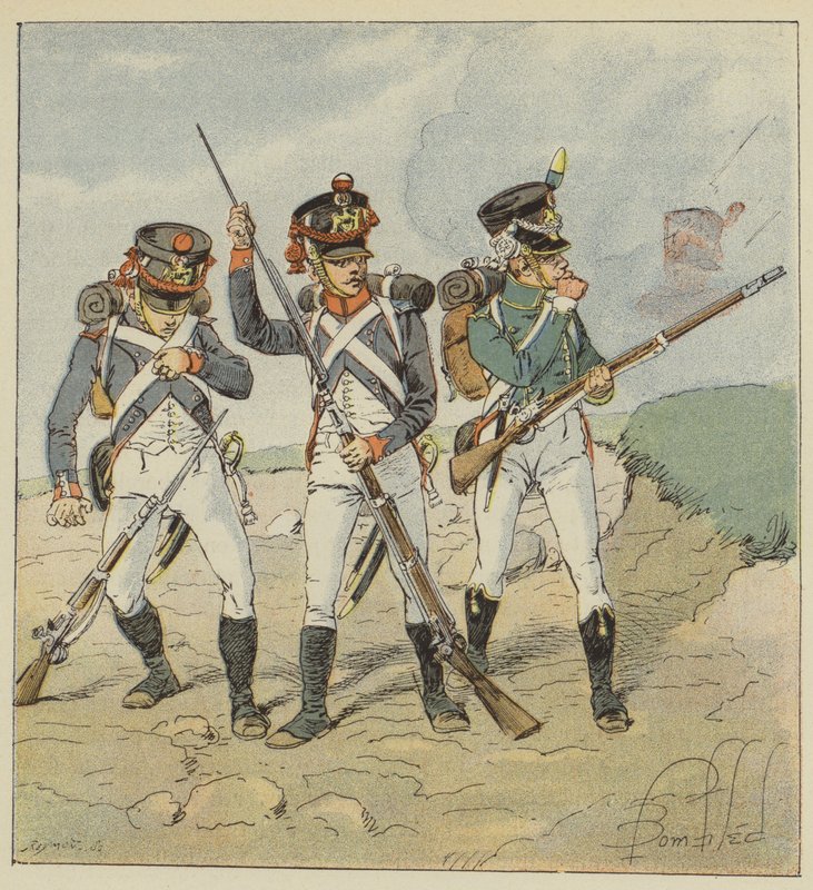 Giovane guardia, 1806, Coscritto-granatiere, Tiratore-granatiere, Flanqueur-cacciatore da after Louis Charles Bombled