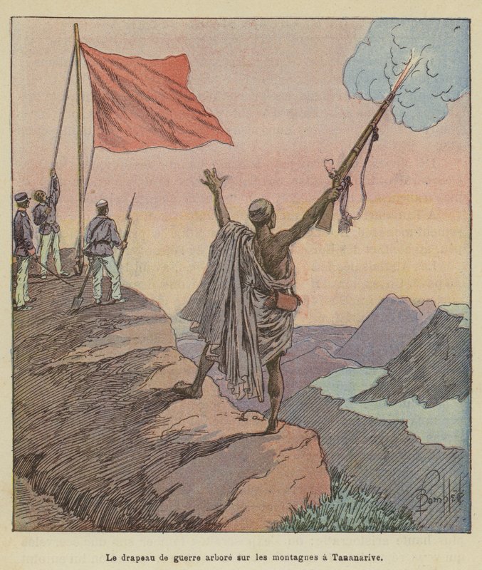 La bandiera di guerra issata sulle montagne a Tananarive da after Louis Charles Bombled