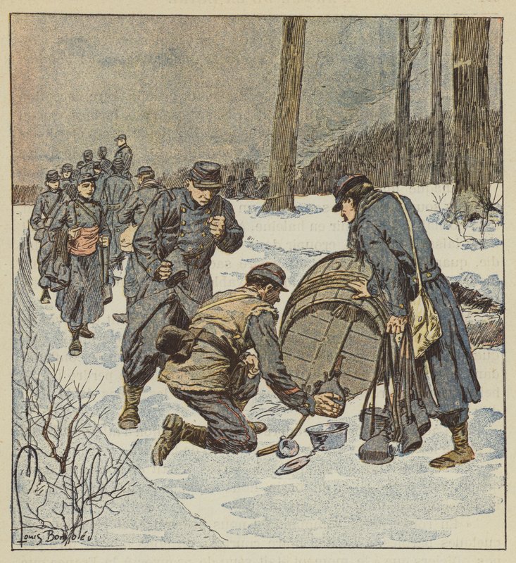 I soldati della fanteria di marina riempiono le loro borracce da una botte di rum da after Louis Charles Bombled