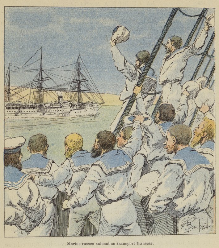 Marinai russi che salutano un trasporto francese da after Louis Charles Bombled