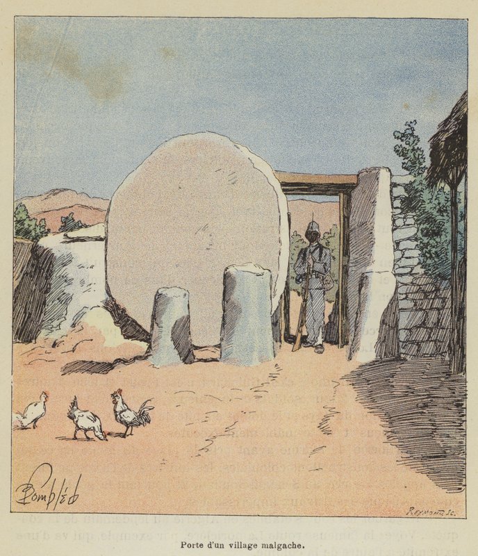 Porta di un villaggio malgascio da after Louis Charles Bombled