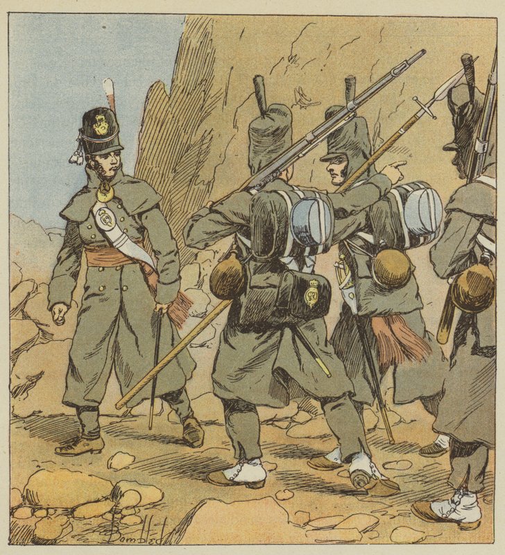 Soldati inglesi del 1° reggimento della guardia a piedi, in tenuta di marcia, Spagna, 1814 da after Louis Charles Bombled
