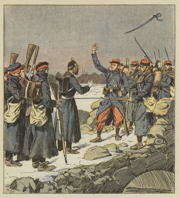 Un ufficiale tedesco restituisce la spada a un caporale francese che la getta al vento da after Louis Charles Bombled