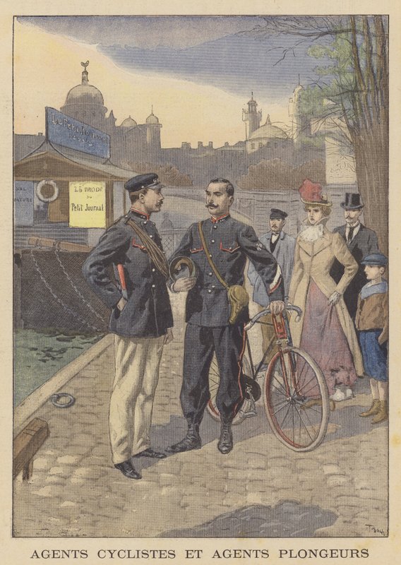 Ciclista della polizia e poliziotto fluviale, Parigi da after Oswaldo Tofani