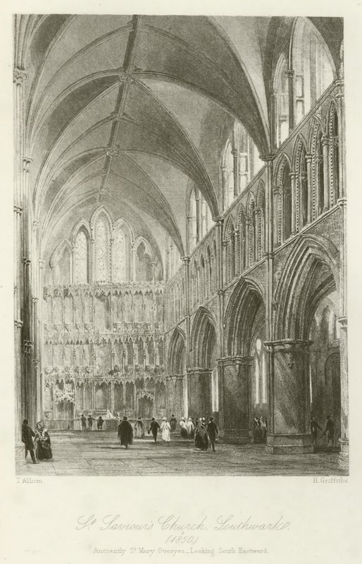 Chiesa di St Saviour, Southwark, 1850, anticamente St Mary Overyes, vista verso sud-est da after Thomas Allom