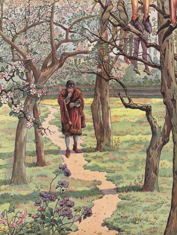 Luigi XI di Francia che cammina in un frutteto in primavera con i corpi degli impiccati sospesi dagli alberi da Onfray de Breville Job