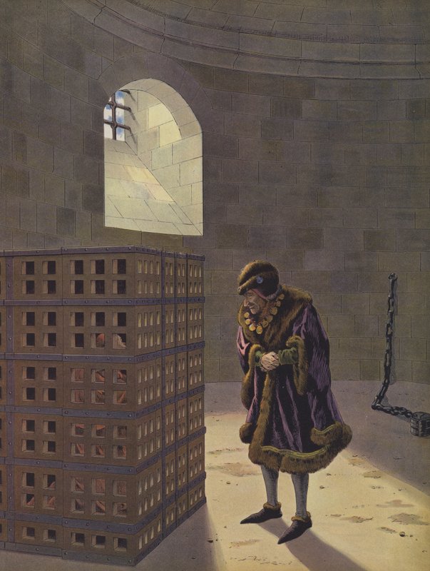 Luigi XI osserva il cardinale Balue, imprigionato in una gabbia di ferro nelle segrete del castello di Onzain per aver intrigato con il suo nemico Carlo il Temerario, duca di Borgogna da Onfray de Breville Job