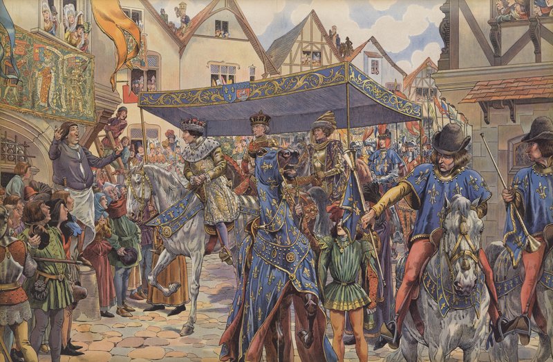Folle per le strade di Parigi che salutano Luigi XI mentre arriva dalla Borgogna per reclamare il suo regno dopo la morte di suo padre, Carlo VII da pseudonym for Onfray de Breville Jacques Job