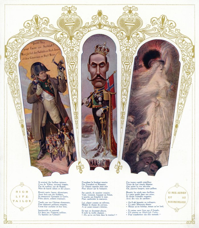 Addestramento militare francese, caricatura del Re Haakon VII di Norvegia e immigrati marocchini in Francia da pseudonym for Onfray de Breville Jacques Job