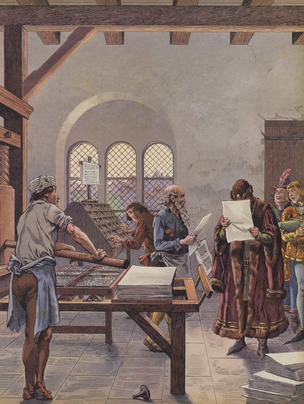 Il re Luigi XI legge un documento stampato su una pressa da pseudonym for Onfray de Breville Jacques Job