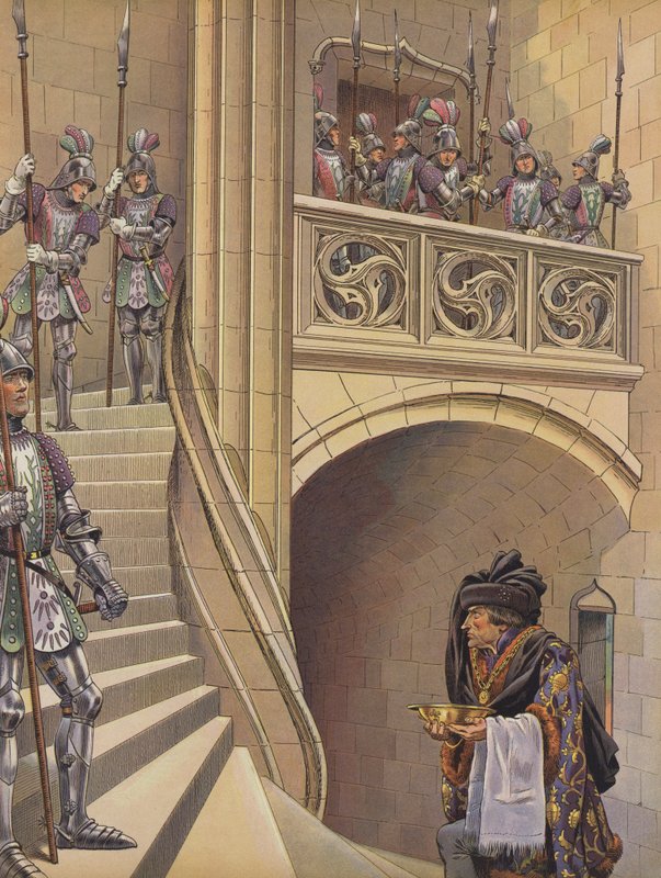 Il barbiere salì le scale verso la camera del re, oltrepassando le numerose guardie armate da pseudonym for Onfray de Breville Jacques Job