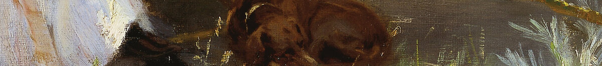 Marie Krøyer seduta sulla sedia a sdraio nel giardino presso la casa della signora Bendsen (Peder Severin Krøyer), Detail: Schlafender Hund