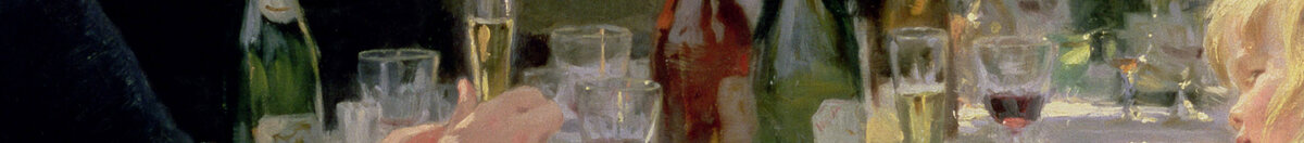 Hip Hip Urrà! Festa degli artisti a Skagen, 1888 (Peder Severin Krøyer), Detail: Flaschen auf weißem Tischtuch