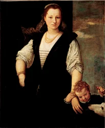 Ritratto di una donna con un bambino e un cane