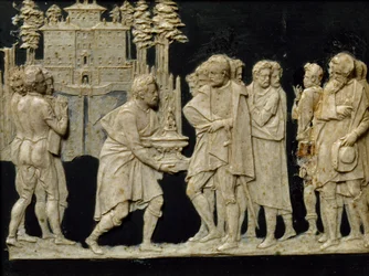 Presentazione a Francesco I del modello della fontana a Pratolino, di Jean de Boulogne alias Giambologna, piastrella in cera