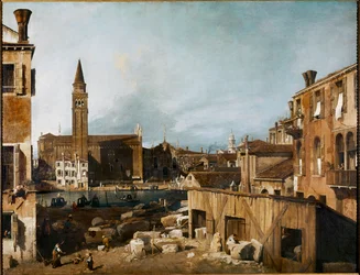 Il cantiere degli scalpellini; Venezia: Campo San Vidal e la chiesa Sta (olio su tela)