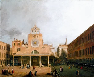 Vista del campo San Giacometto a Venezia. Dipinto di Canaletto, 1729. Dresda, Staatliche Gemaldegalerie