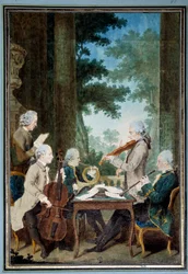 I signori Duport, Vachon, Rodolphe, Provers e Vernier - Ritratto di un gruppo di musicisti durante un concerto. Acquerello di Louis Carrogis (1717-1806), detto Carmontelle. XVIII secolo. 0,34 x 0,23 m. Chantilly, Musée Condé