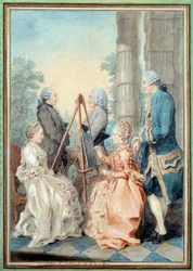 Madame e Mademoiselle Chatelain, Mr Brot e Mr de la Myre. Acquerello di Louis Carrogis Carmontelle (1717-1806)