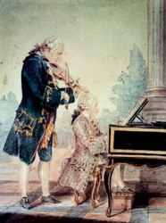 Wolfgang Amadeus Mozart (1756-1791) bambino al pianoforte con suo padre Leopold. Acquerello di Louis Carrogis Carmontelle (1717-1806), 1777, Parigi, Musée Carnavalet