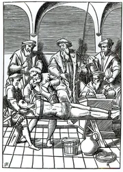 Tortura ad acqua, da una xilografia della "Praxis Rerum Criminalium" di Joos de Damhouder (1507-81) pubblicata ad Anversa
