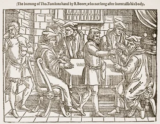 La combustione della mano di Tho. Tomkins da B. Boner, che poco dopo bruciò anche il suo corpo, illustrazione da 
