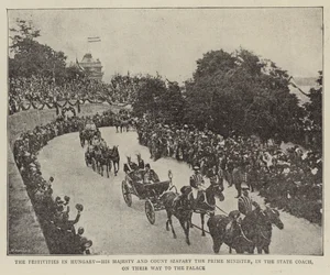 Le festività in Ungheria, Sua Maestà e il Conte Szapáry il Primo Ministro, nella carrozza di stato, sulla strada per il Palazzo (foto in bianco e nero)