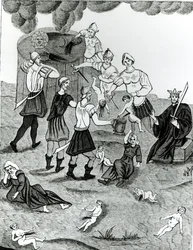 Ebrei che prelevano sangue da bambini cristiani per i loro riti mistici, secondo un disegno del "Libro della Cabala di Abramo l