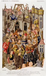 Scena della storia di Fort Roy de Clovis. Mistero del XV secolo che rappresenta la fondazione della Chiesa di San Pietro e San Paolo, oggi Santa Genoveffa. (dalla) Tela dipinta della città di Reims.