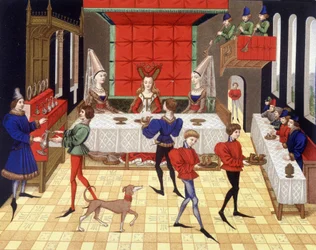 Servizio da tavola in una chatelaine - facsimile di una miniatura del Roman de Renaud de Montauban