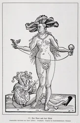 Donna e pazzo che si solletica il pene con un fiore, "Der Rarr und das Weib "", "Geschichte des Erotischen Kunst "di Edouard Fuchs, Berlino