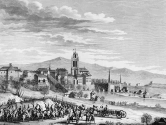 Guerra della Rivoluzione Francese: Entrata trionfale dei francesi a Berna (Svizzera) nel marzo 1798. Incisione di Berthaut dopo Girardet. Parigi, Biblioteca dell