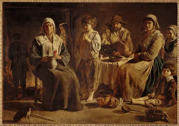 Famille de paysans dans un interieur Una famiglia di agricoltori nella loro casa colonica ...