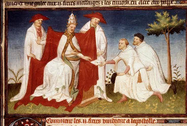 I fratelli Nicolo e Matteo Polo, zio e padre di Marco Polo (1254-1324) consegnano a Papa Gregorio X una lettera di Qubilai (Kubilai Khan, primo imperatore della dinastia mongola Yuan (1215-1294). Miniatura tratta da "Il Libro delle Meraviglie"