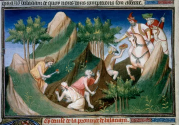 Estrazione di rubini dalla montagna di Sighinan per ordine del re di Badakhchan. Miniatura tratta da “Il libro delle meraviglie” (Devisement of the World, Il Milione) di Marco Polo, illustrata dal Maestro di