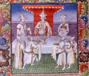 Scena del pasto alla tavola del Gran Khan nella Terra di Cathay Miniatura in "Il Libro delle Meraviglie" ("Devisement of the World", "Il Milione"), manoscritto fr.2810 (folio 136) illuminato dal Maestro di Boucicaut e scritto da Marco Polo