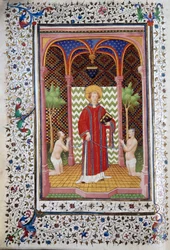 Rappresentazione di San Leonardo (VI secolo), eremita del Limousin, che libera due prigionieri. Pagina del manoscritto 