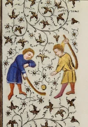 Il gioco del puck su una pagina (dettaglio) dal manoscritto "Les Tres Riches Heures du Duca Francesco di Guisa" miniato dal Maestro di Boucicaut. XV secolo. Museo Condé, Chantilly