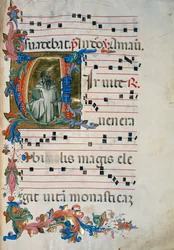 Iniziale miniata con la figura di San Romualdo (Corale 8, c. 76), per il libro corale 8 di Santa Maria degli Angeli