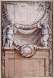 Due putti che sostengono un medaglione vuoto