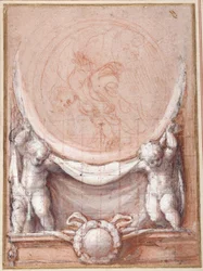 Due putti che sostengono un medaglione su cui è rappresentato Cristo tra le nuvole