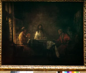 I pellegrini di Emmaus. Cristo appare ai pellegrini seduti a un tavolo in una locanda a Emmaus. Dipinto della bottega di Harmensz van Rijn detto Rembrandt (1606-1669)