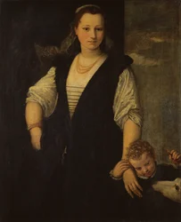 Ritratto di una donna con un bambino e un cane