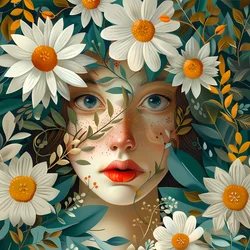 Bellissimo volto di donna circondato da fiori di papavero