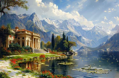 Dipinto di paesaggio urbano: villa in stile Grecia antica e lago per decorazione da parete