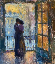 Pittura a olio impressionista di una coppia innamorata per arte murale e stampe su tela