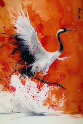Cicogna dipinta in colori caldi in stile artistico asiatico