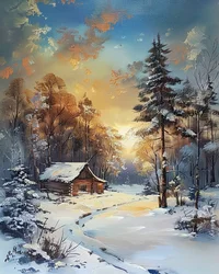 Capanna nel mezzo di una foresta e della neve, paesaggio invernale decorazione murale