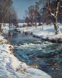 Paesaggio di un ruscello in inverno e neve, idee di decorazione murale