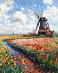 Un mulino a vento medievale in pietra in una palude fiorita collegata all